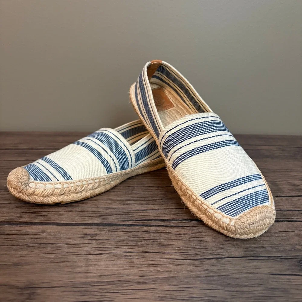 Tory Burch Espadrille Navy White Striped Canvas Braided Jute Sole Womens 7.5